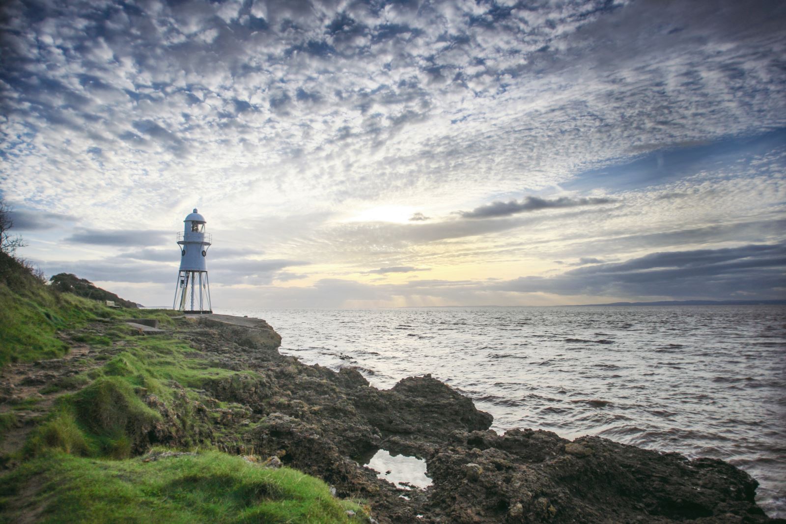 The distinctive white Black Nore Lighthouse which stands on white metal legs and looks similar to a space ship